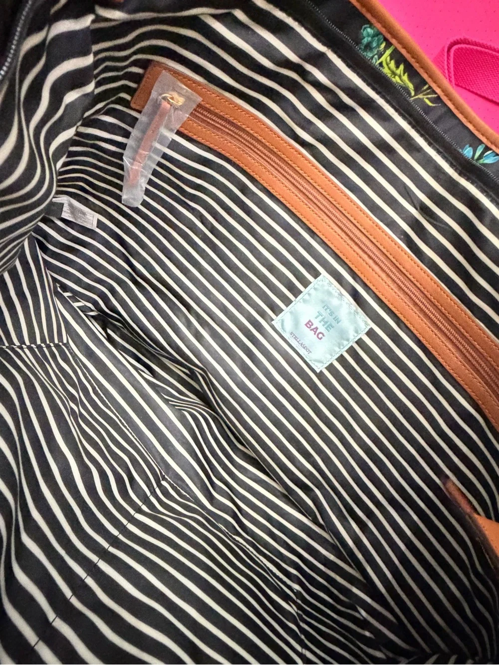 Stella & Dot Black Floral Canvas Tote with Brown Trim
